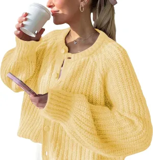 FindThy Womens Chunky Knit Cardigan Long Sleeve Button Down Crewneck Fall Sweater Coat