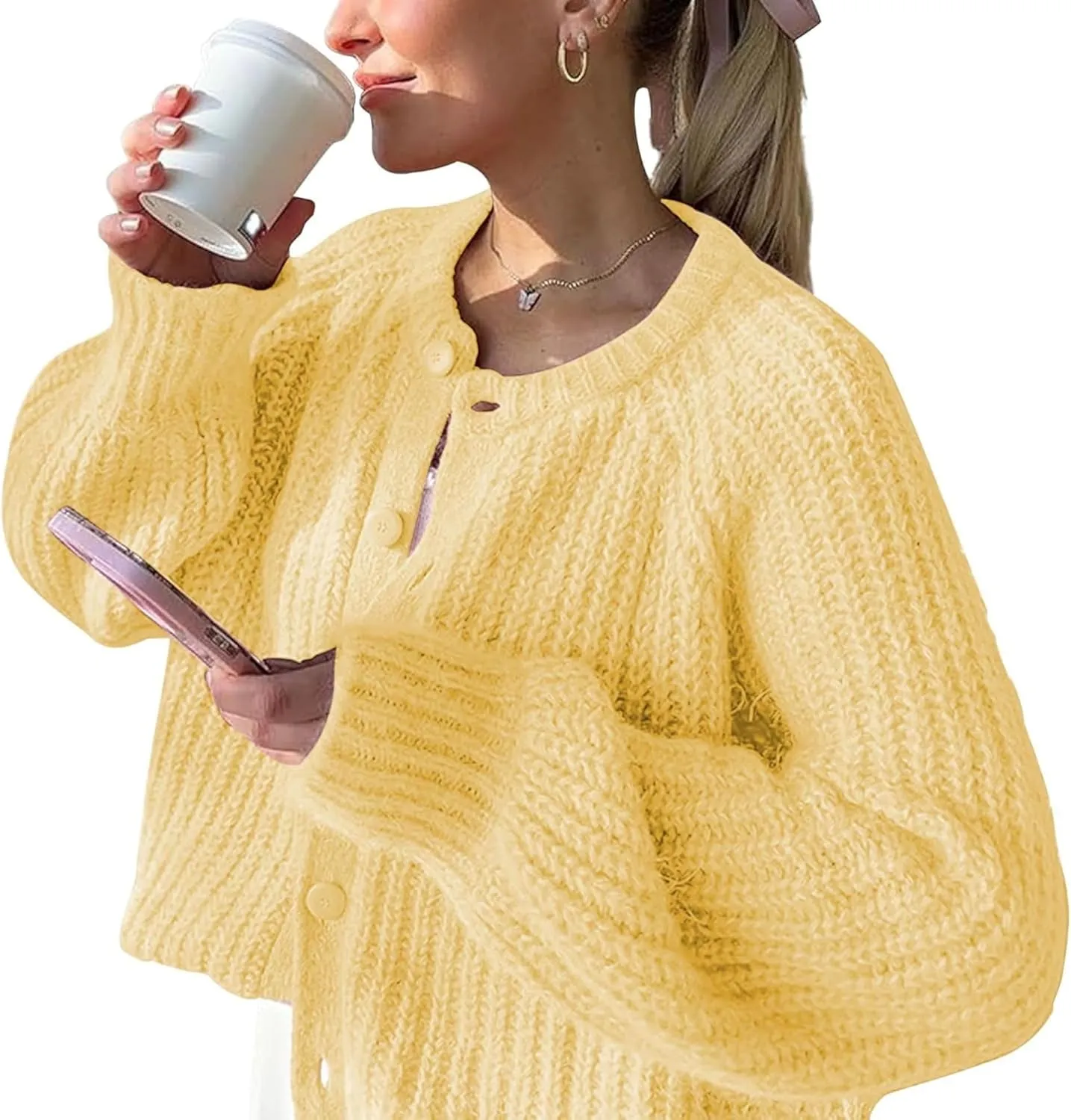 FindThy Womens Chunky Knit Cardigan Long Sleeve Button Down Crewneck Fall Sweater Coat