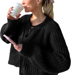 FindThy Womens Chunky Knit Cardigan Long Sleeve Button Down Crewneck Fall Sweater Coat