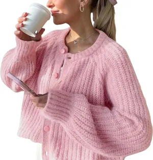 FindThy Womens Chunky Knit Cardigan Long Sleeve Button Down Crewneck Fall Sweater Coat