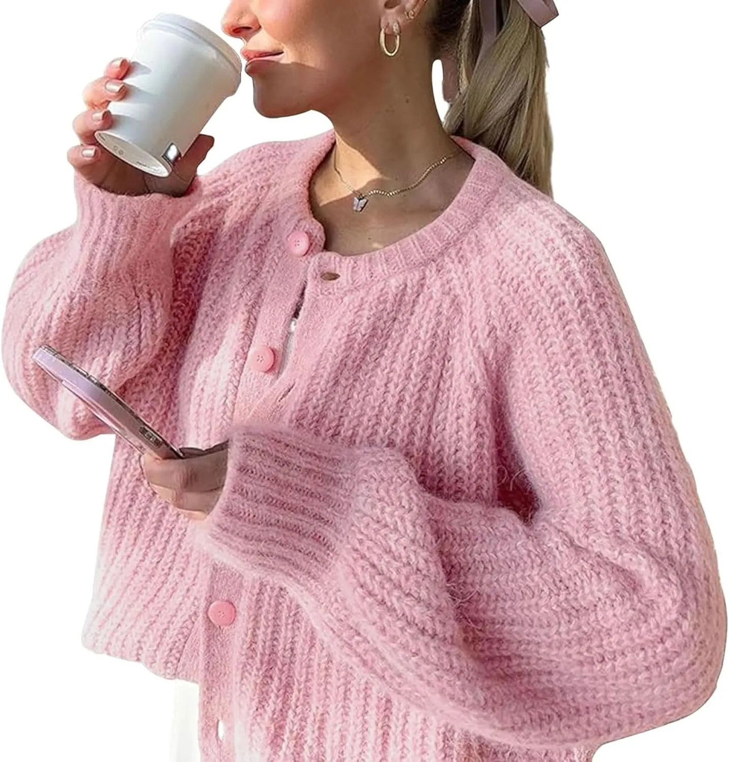FindThy Womens Chunky Knit Cardigan Long Sleeve Button Down Crewneck Fall Sweater Coat