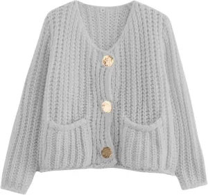 FindThy Womens Cropped Knit Cardigan Long Sleeve Crewneck Button Down Fall Sweater with Pockets