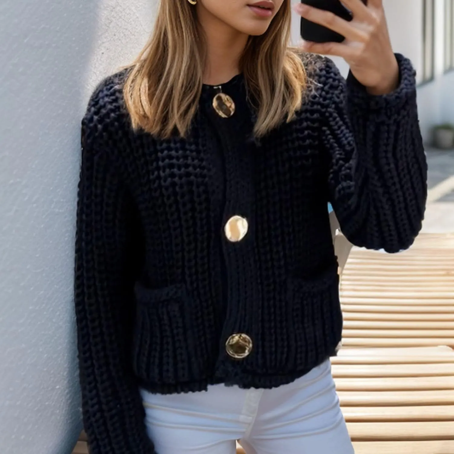 FindThy Womens Cropped Knit Cardigan Long Sleeve Crewneck Button Down Fall Sweater with Pockets