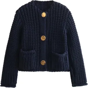 FindThy Womens Cropped Knit Cardigan Long Sleeve Crewneck Button Down Fall Sweater with Pockets