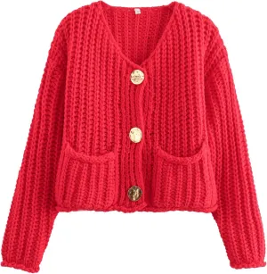 FindThy Womens Cropped Knit Cardigan Long Sleeve Crewneck Button Down Fall Sweater with Pockets