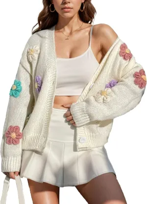 FindThy Womens Cute Floral Print Cardigan Long Sleeve Button Up Cardigans Sweaters