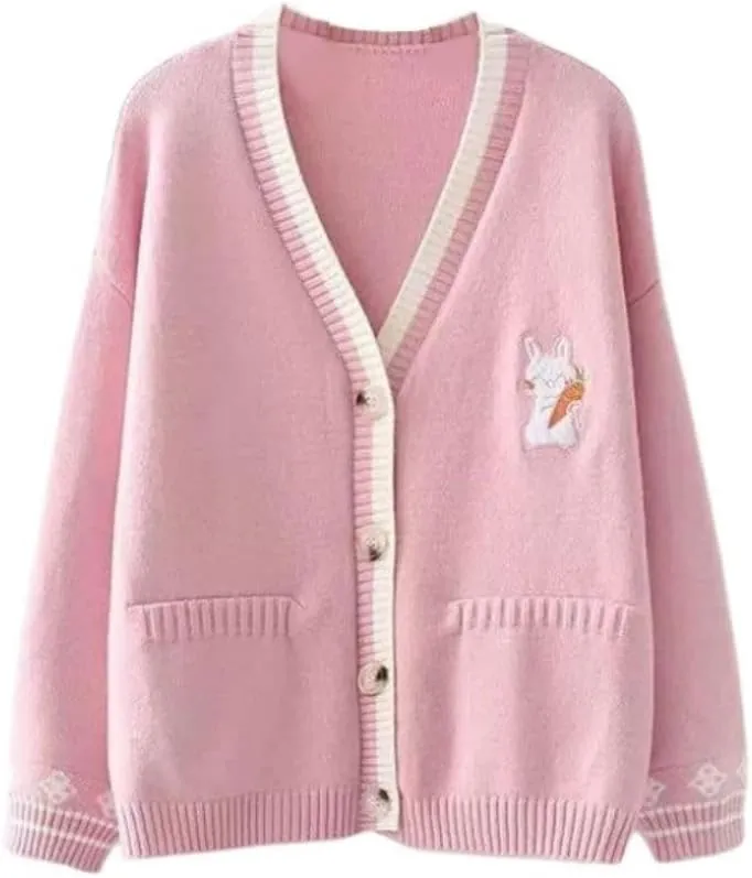FindThy Womens Cute Rabbit Embroidered Cardigan Long Sleeve Pocketed Kawaii Cardigans Sweater