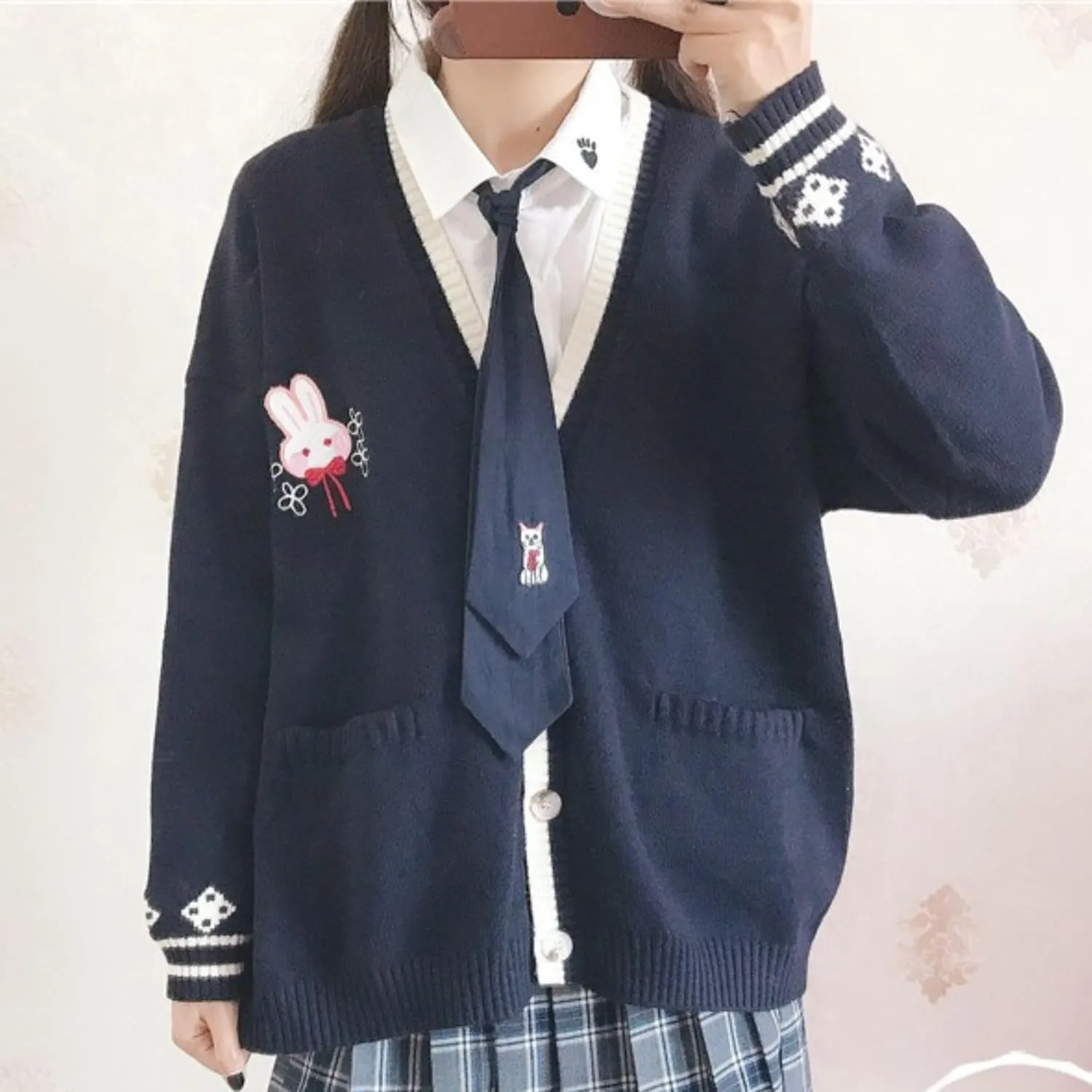 FindThy Womens Cute Rabbit Embroidered Cardigan Long Sleeve Pocketed Kawaii Cardigans Sweater