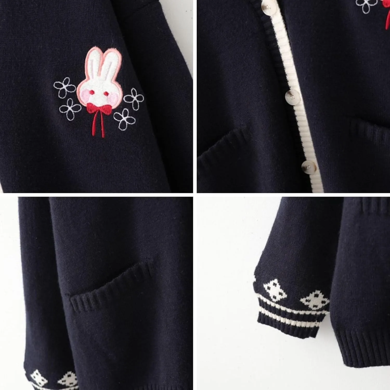 FindThy Womens Cute Rabbit Embroidered Cardigan Long Sleeve Pocketed Kawaii Cardigans Sweater