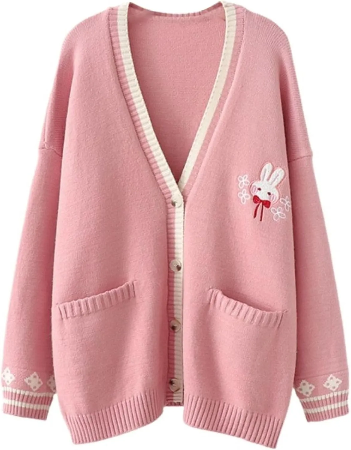 FindThy Womens Cute Rabbit Embroidered Cardigan Long Sleeve Pocketed Kawaii Cardigans Sweater