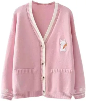 FindThy Womens Cute Rabbit Embroidered Cardigan Long Sleeve Pocketed Kawaii Cardigans Sweater