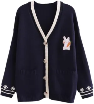 FindThy Womens Cute Rabbit Embroidered Cardigan Long Sleeve Pocketed Kawaii Cardigans Sweater