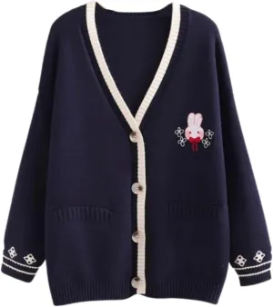 FindThy Womens Cute Rabbit Embroidered Cardigan Long Sleeve Pocketed Kawaii Cardigans Sweater
