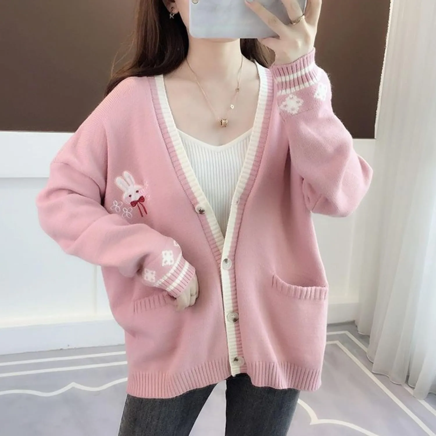 FindThy Womens Cute Rabbit Embroidered Cardigan Long Sleeve Pocketed Kawaii Cardigans Sweater