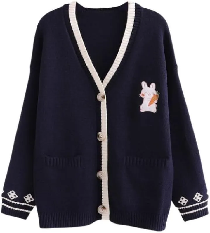 FindThy Womens Cute Rabbit Embroidered Cardigan Long Sleeve Pocketed Kawaii Cardigans Sweater