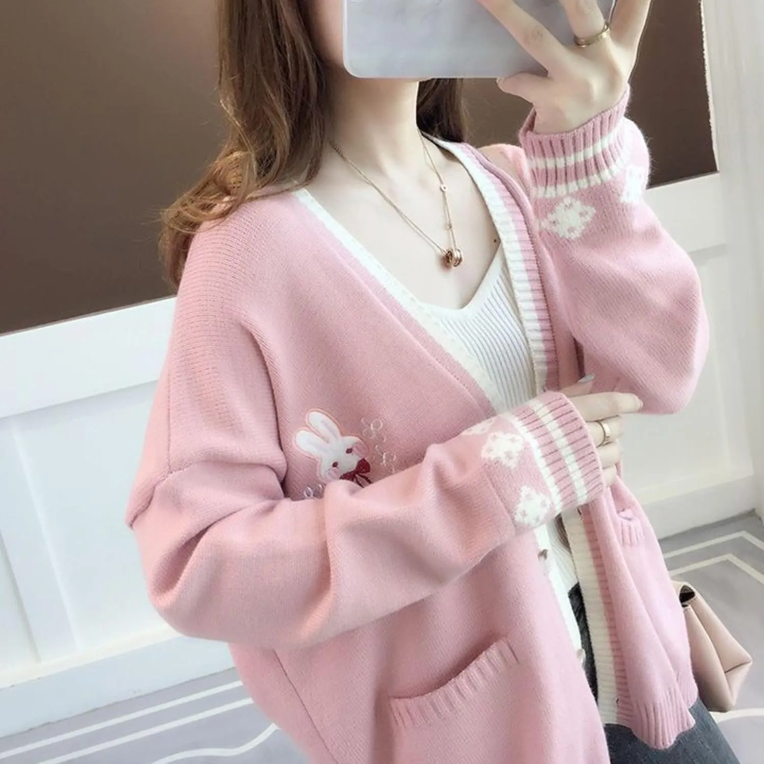FindThy Womens Cute Rabbit Embroidered Cardigan Long Sleeve Pocketed Kawaii Cardigans Sweater