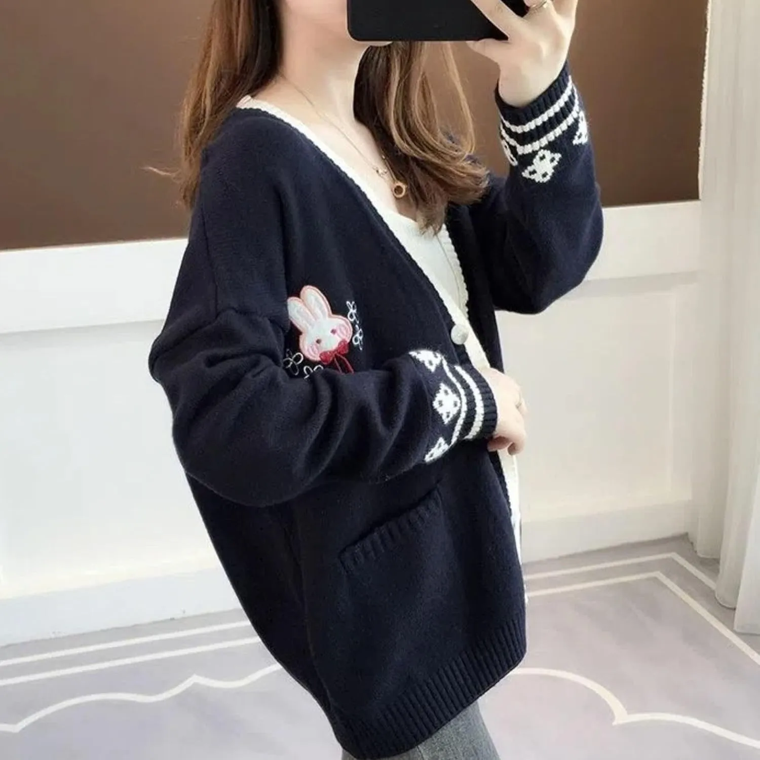 FindThy Womens Cute Rabbit Embroidered Cardigan Long Sleeve Pocketed Kawaii Cardigans Sweater