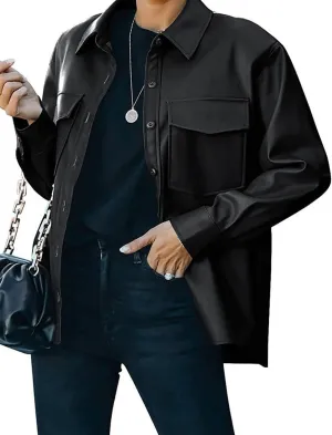FindThy Womens Faux PU Leather Jacket Vintage Lapel Button Up Blazer Biker Coat