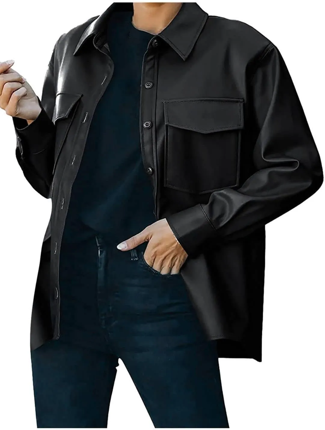FindThy Womens Faux PU Leather Jacket Vintage Lapel Button Up Blazer Biker Coat