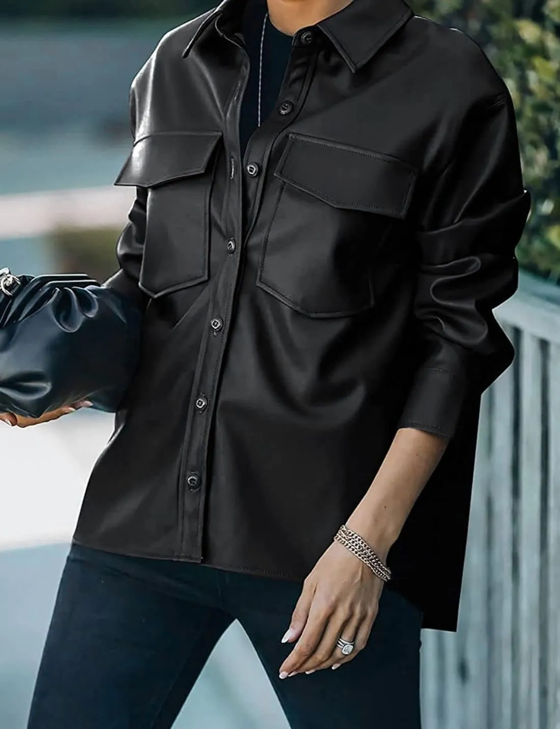 FindThy Womens Faux PU Leather Jacket Vintage Lapel Button Up Blazer Biker Coat