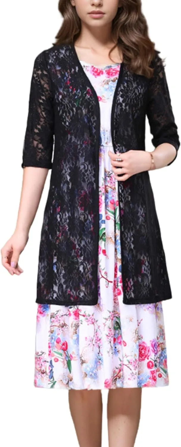 FindThy Womens Short Sleeve Lace Cardigan Floral Crochet Sheer Beach Cover Up Long Kimono