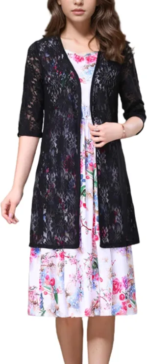 FindThy Womens Short Sleeve Lace Cardigan Floral Crochet Sheer Beach Cover Up Long Kimono
