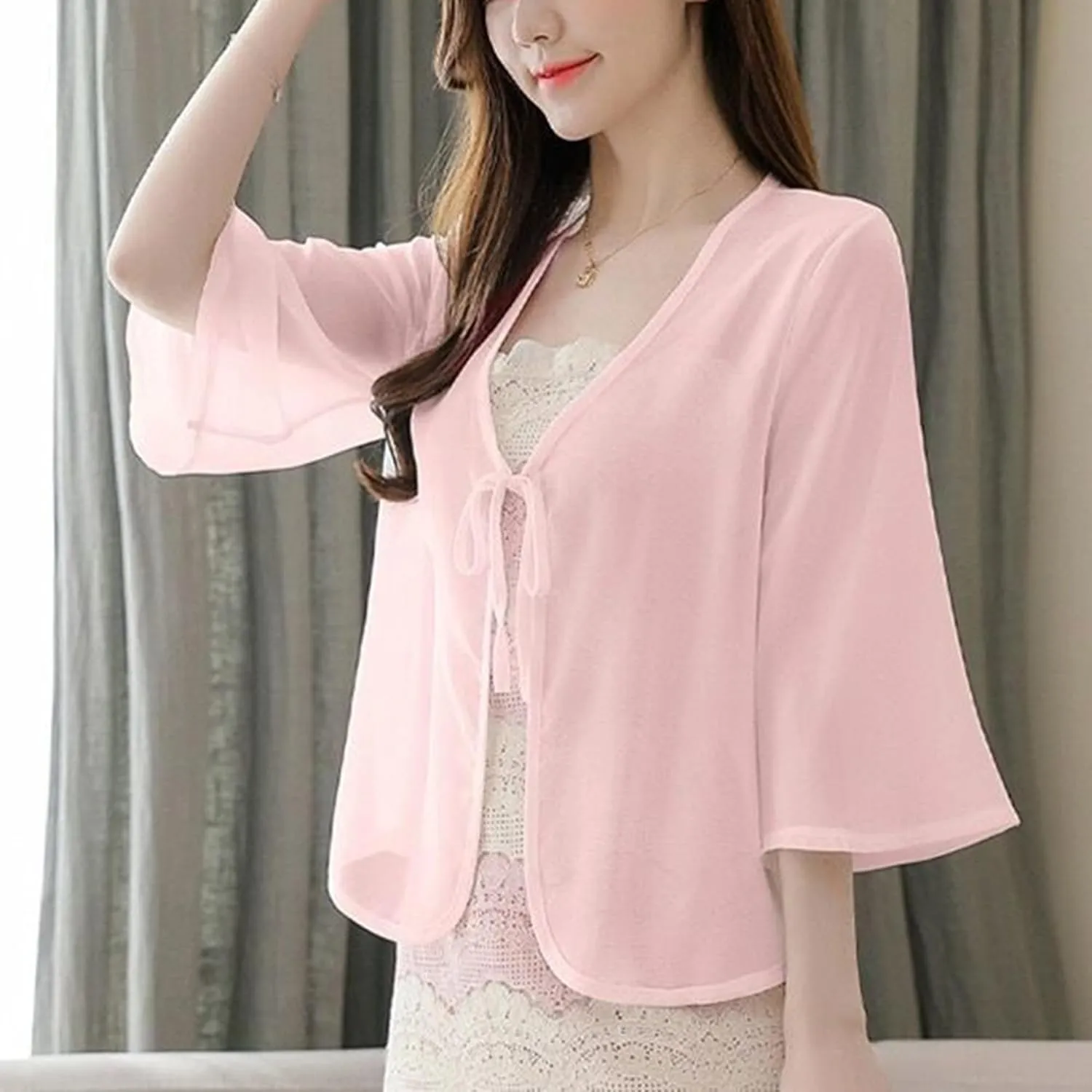 FindThy Womens Tie Front Chiffon Shrug Lightweight 3/4 Sleeve Cardigan Evening Dress Bolero Wraps