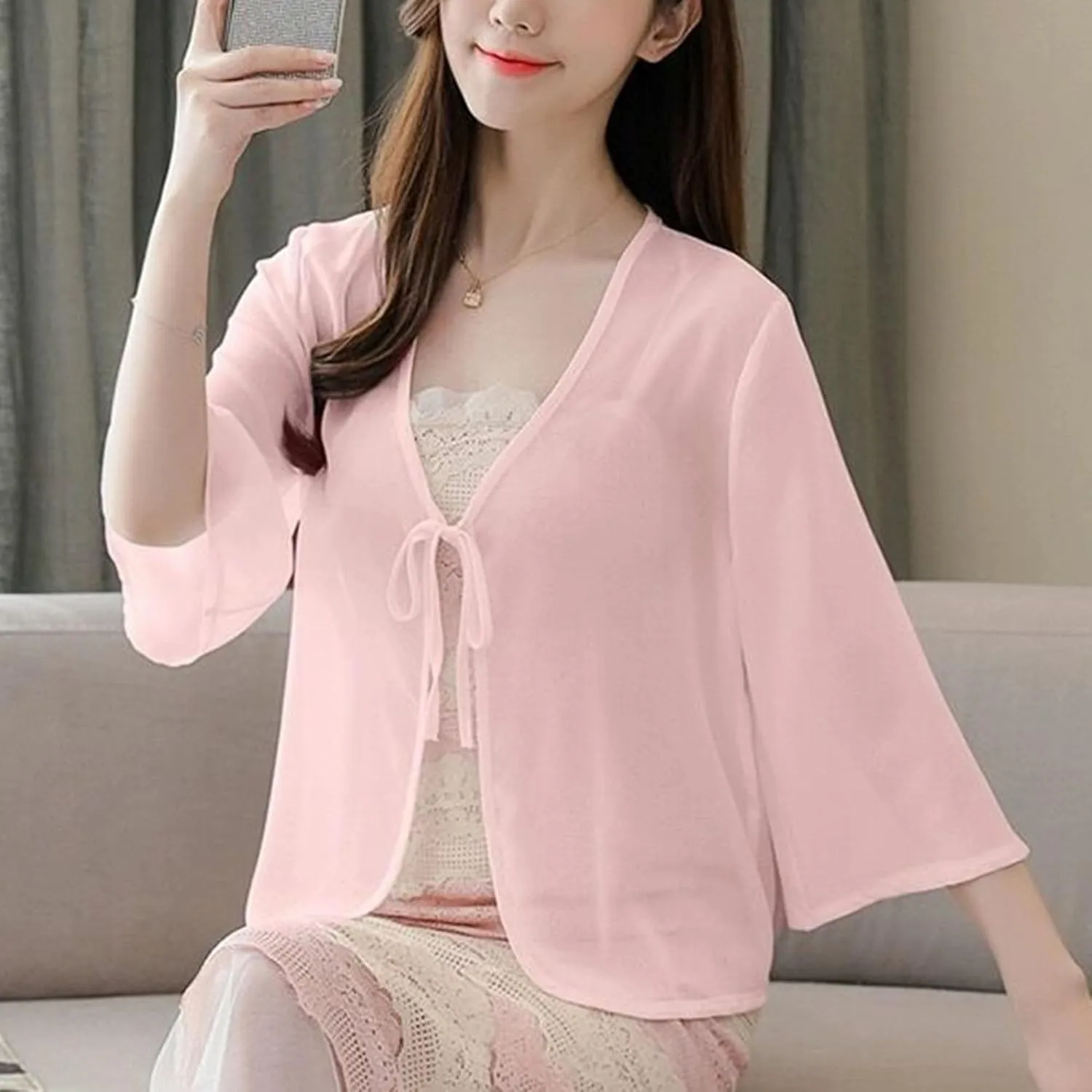 FindThy Womens Tie Front Chiffon Shrug Lightweight 3/4 Sleeve Cardigan Evening Dress Bolero Wraps