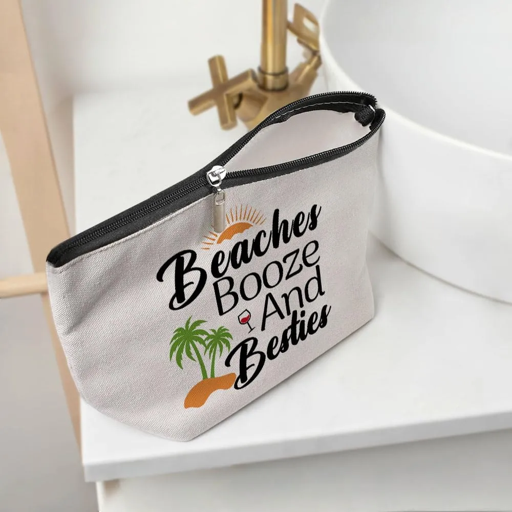 Funny Beach Makeup Bag, Sunshine Beach Bag Best Friend Summer Cosmetic Bag for Women Bridesmaid Bride Sister Girls Trip Favors Weekender Birthday Christmas Bachelorette Party Friendship Gifts White