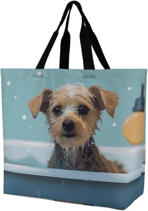 Funny Dog in Bathtub Tote Bag for Women Reusable Eco-friendly Shopping Bags Large Capacity Shoulder Bag