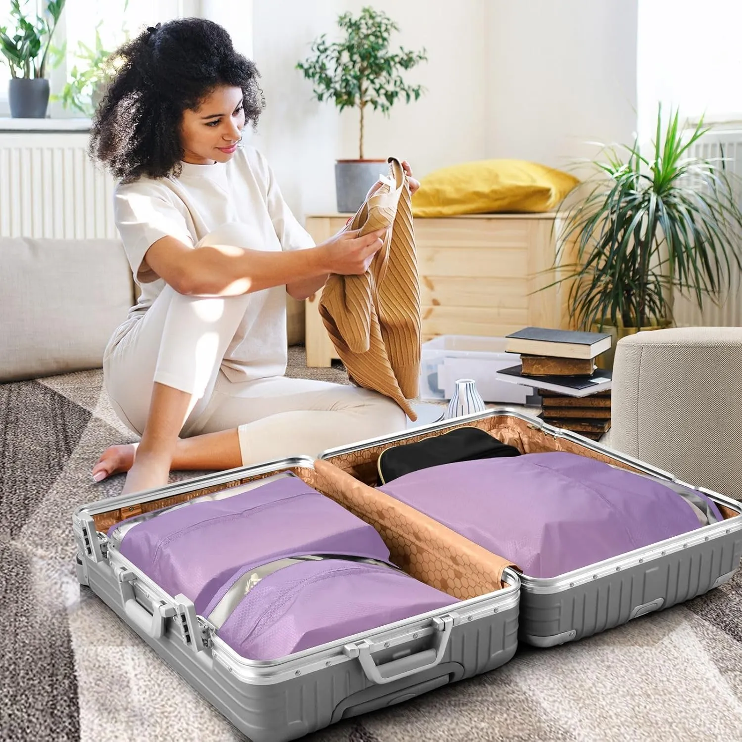 Garment Bag Closet Storage, Luggage Space Saver, Purple Gradient, Waterproof, 3 Set Travel Packing Cubes For Suitcases, Luggages Management Personnel