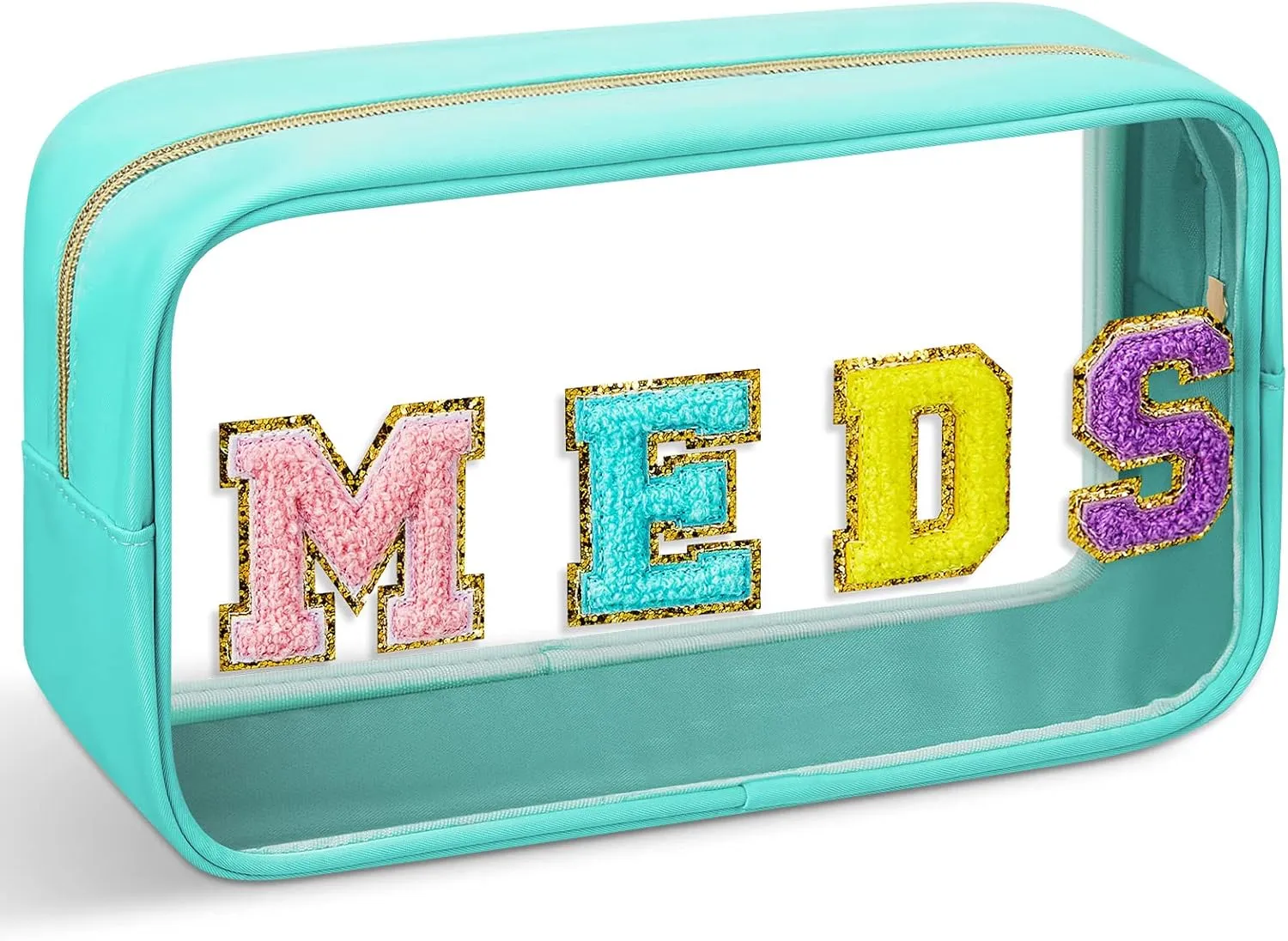 Geetery Chenille Letter Bag Nylon Portable Makeup Cases Preppy Patch with Zipper Cosmetic Toiletry Storage Bag for Women(Green,Cute MEDS)