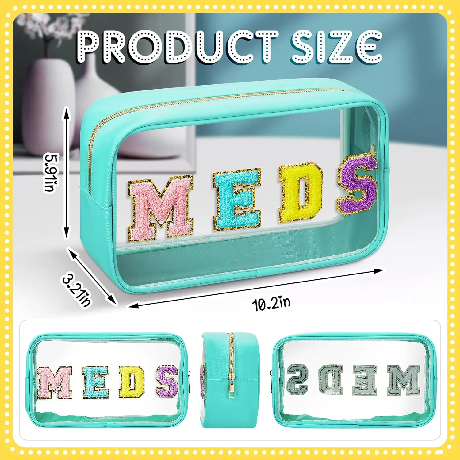 Geetery Chenille Letter Bag Nylon Portable Makeup Cases Preppy Patch with Zipper Cosmetic Toiletry Storage Bag for Women(Green,Cute MEDS)