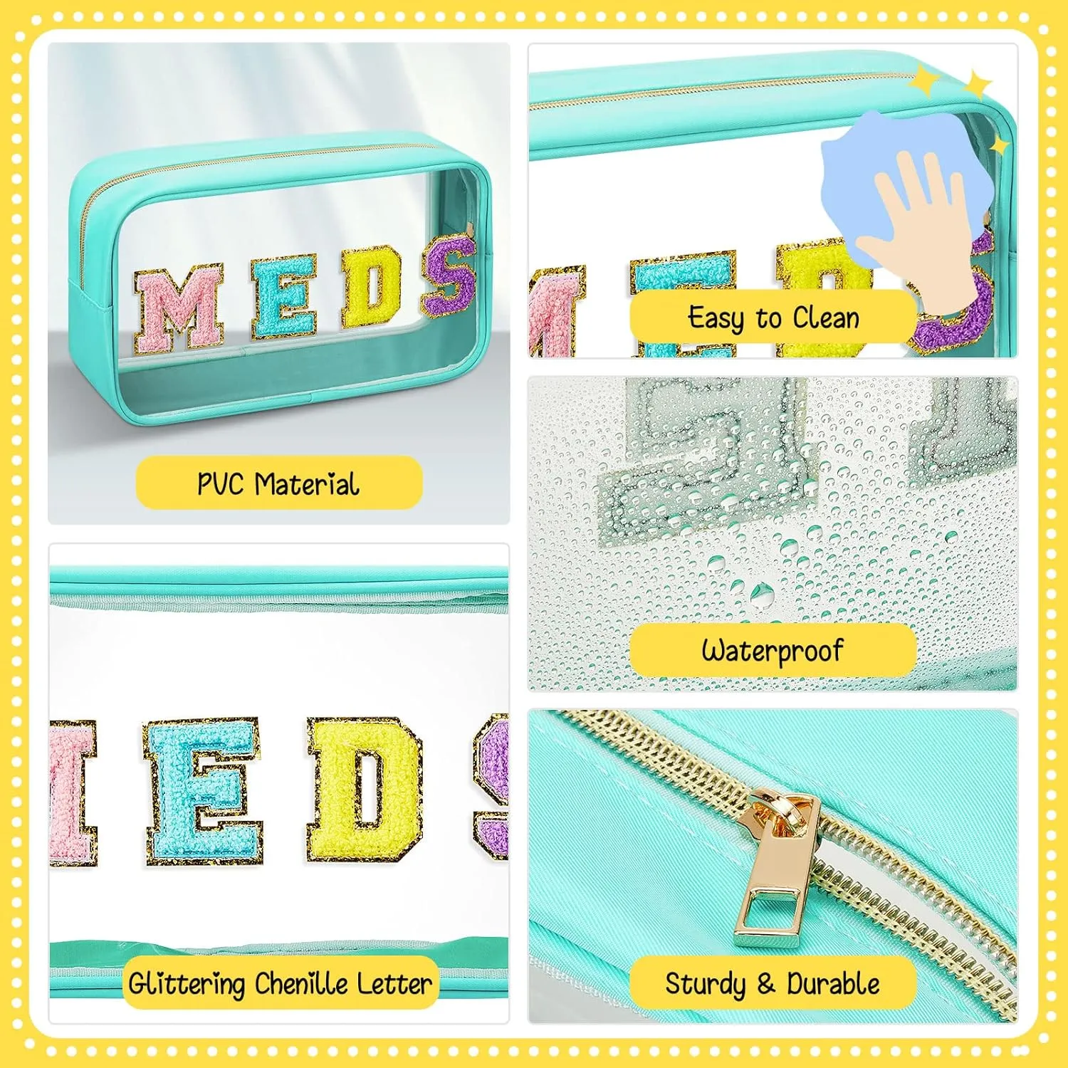 Geetery Chenille Letter Bag Nylon Portable Makeup Cases Preppy Patch with Zipper Cosmetic Toiletry Storage Bag for Women(Green,Cute MEDS)