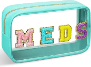 Geetery Chenille Letter Bag Nylon Portable Makeup Cases Preppy Patch with Zipper Cosmetic Toiletry Storage Bag for Women(Green,Cute MEDS)
