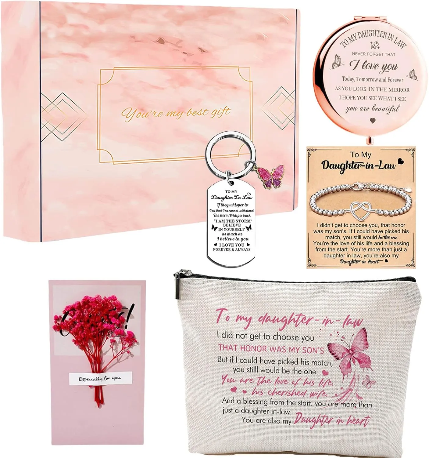 Gifts for Daughter in Law, 5pcs Gift Set for Daughter-in-Law Present from Mother in Law,Makeup Bag Gifts for Sons Girlfriend