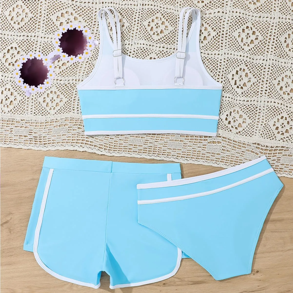 Girls Swimsuits 3 Piece Bathing Suit Bikini Set with Sporty Shorts and Sunglasses Beach Swimwear for Girl 8-15 Years