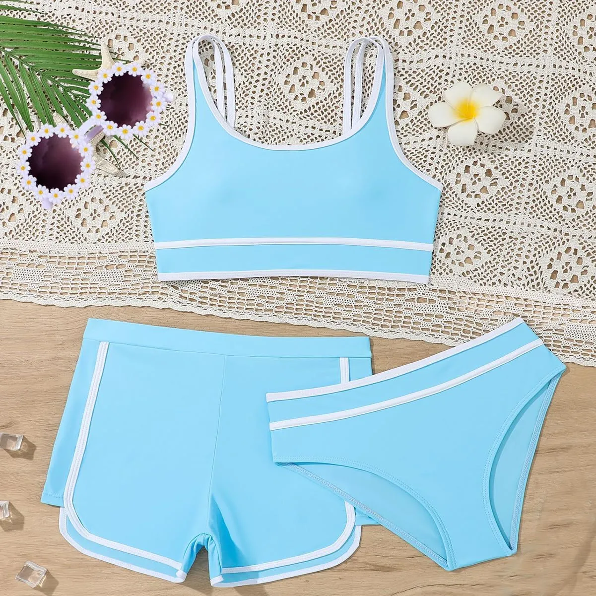 Girls Swimsuits 3 Piece Bathing Suit Bikini Set with Sporty Shorts and Sunglasses Beach Swimwear for Girl 8-15 Years