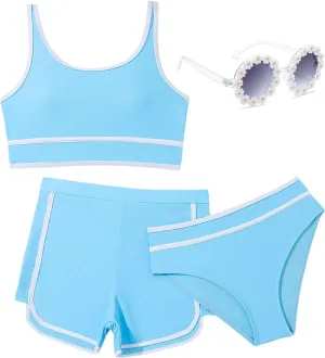 Girls Swimsuits 3 Piece Bathing Suit Bikini Set with Sporty Shorts and Sunglasses Beach Swimwear for Girl 8-15 Years