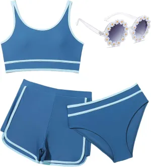 Girls Swimsuits 3 Piece Bathing Suit Bikini Set with Sporty Shorts and Sunglasses Beach Swimwear for Girl 8-15 Years