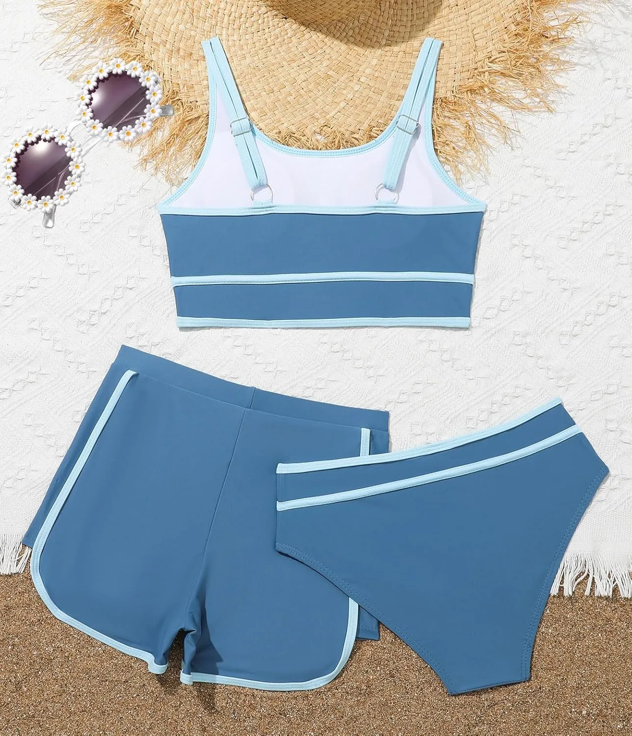 Girls Swimsuits 3 Piece Bathing Suit Bikini Set with Sporty Shorts and Sunglasses Beach Swimwear for Girl 8-15 Years