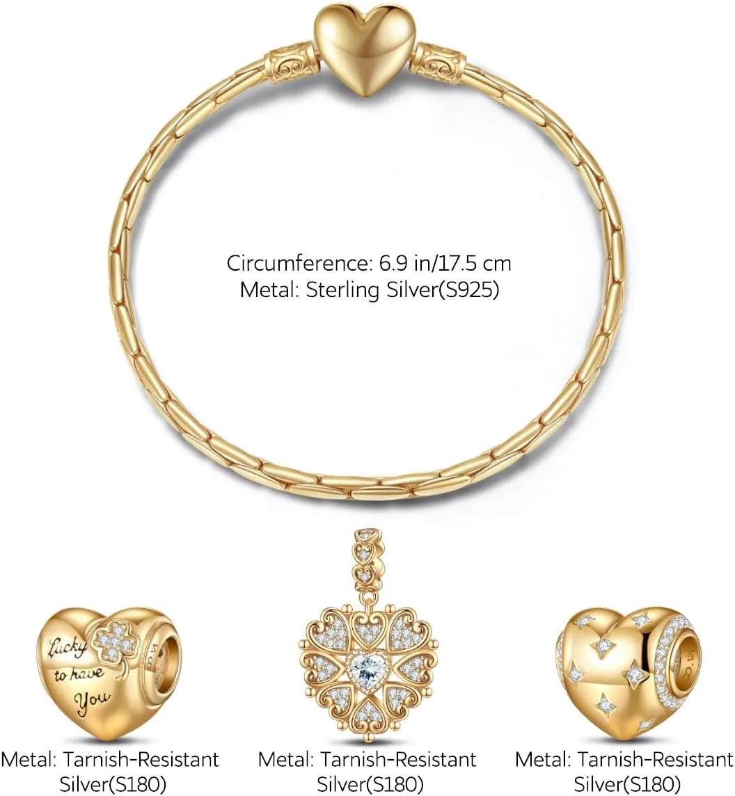 GONA Sterling Silver Love Charms Bracelet Set S925 Bamboo Chain Sparkling Handmade Heart Shape Lucky Jewelry 5A Cubic Zirconia With Enamel In 14K Gold Plated for Women Various Holiday Gifts
