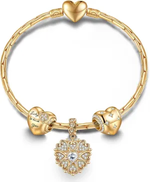 GONA Sterling Silver Love Charms Bracelet Set S925 Bamboo Chain Sparkling Handmade Heart Shape Lucky Jewelry 5A Cubic Zirconia With Enamel In 14K Gold Plated for Women Various Holiday Gifts