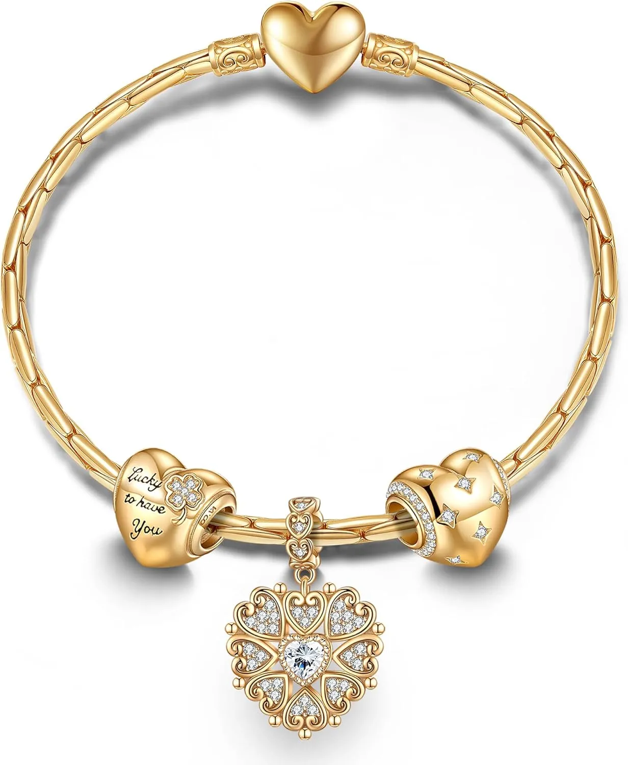 GONA Sterling Silver Love Charms Bracelet Set S925 Bamboo Chain Sparkling Handmade Heart Shape Lucky Jewelry 5A Cubic Zirconia With Enamel In 14K Gold Plated for Women Various Holiday Gifts