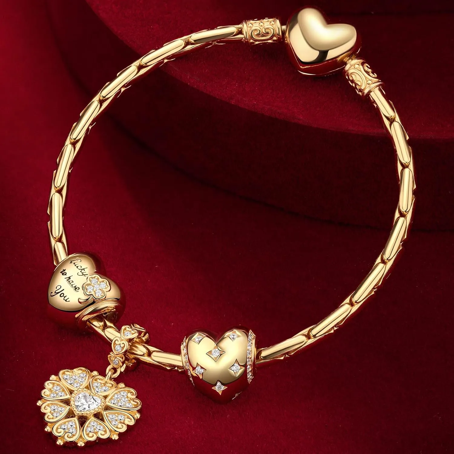 GONA Sterling Silver Love Charms Bracelet Set S925 Bamboo Chain Sparkling Handmade Heart Shape Lucky Jewelry 5A Cubic Zirconia With Enamel In 14K Gold Plated for Women Various Holiday Gifts