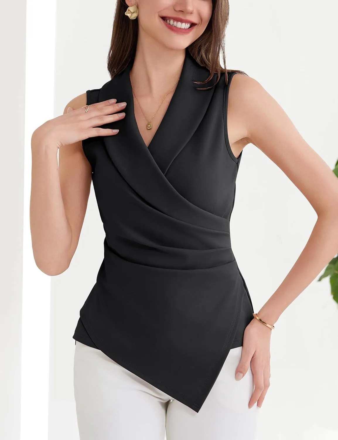 GRACE KARIN Women's Wrap V Neck Casual Work Tops Sleeveless Office Dressy Summer Blouse Asymmetrical Elegant Shirts