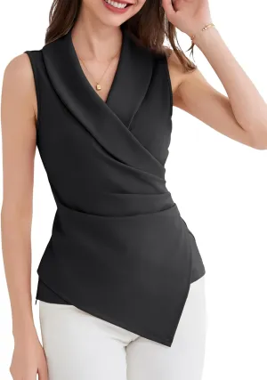 GRACE KARIN Women's Wrap V Neck Casual Work Tops Sleeveless Office Dressy Summer Blouse Asymmetrical Elegant Shirts