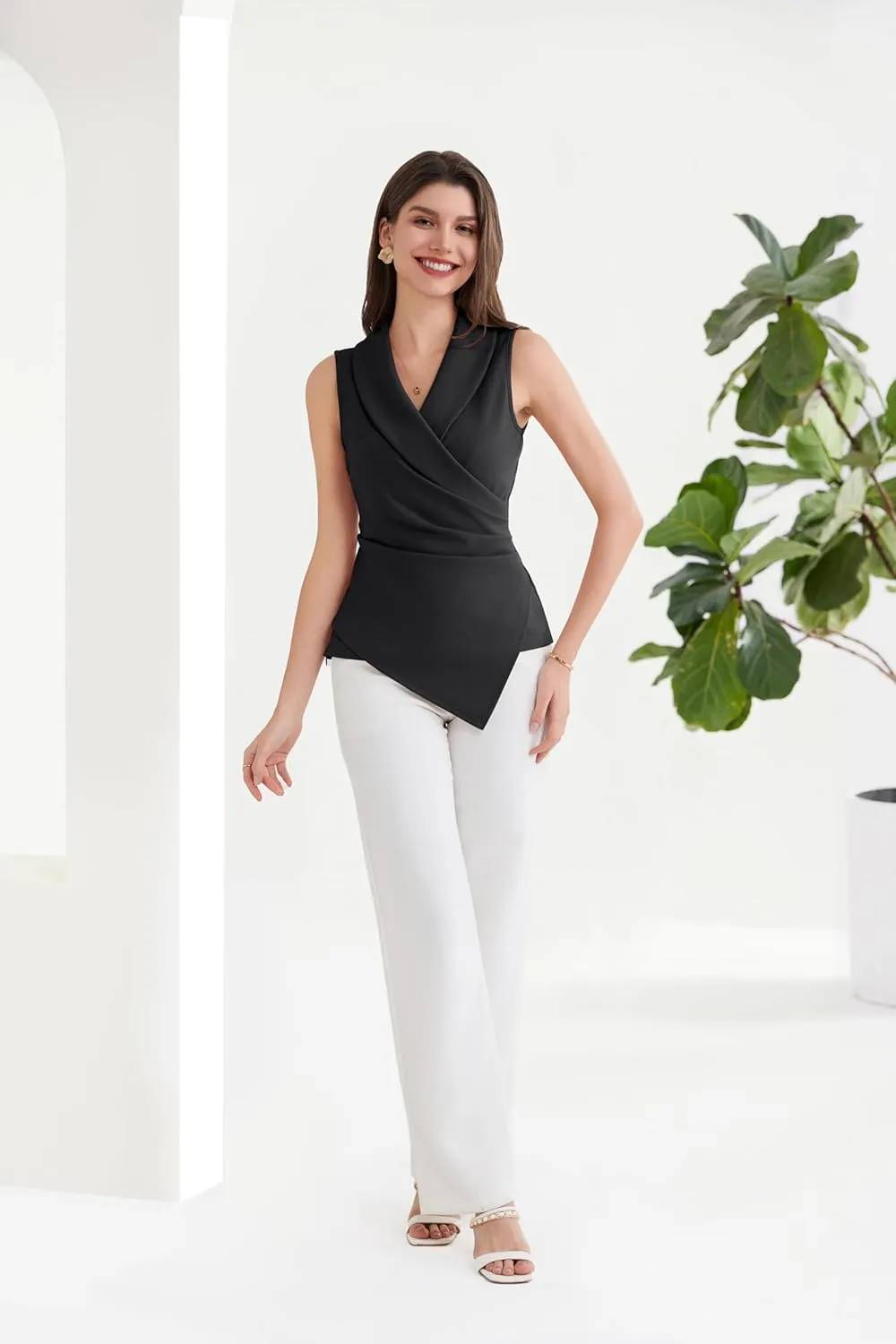 GRACE KARIN Women's Wrap V Neck Casual Work Tops Sleeveless Office Dressy Summer Blouse Asymmetrical Elegant Shirts