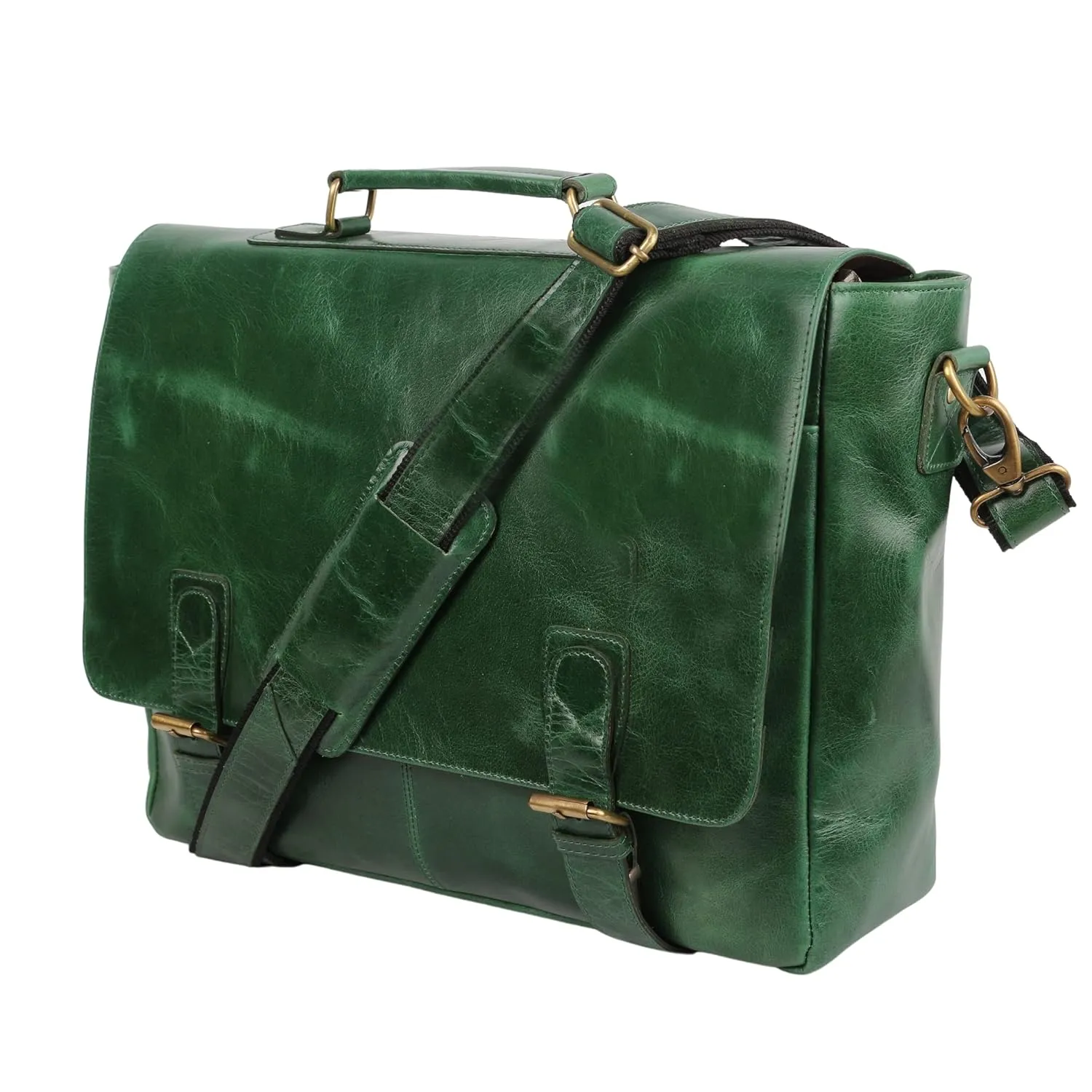Green Leather Laptop Messenger Bag Briefcase (X-Large 18 inch, Green)