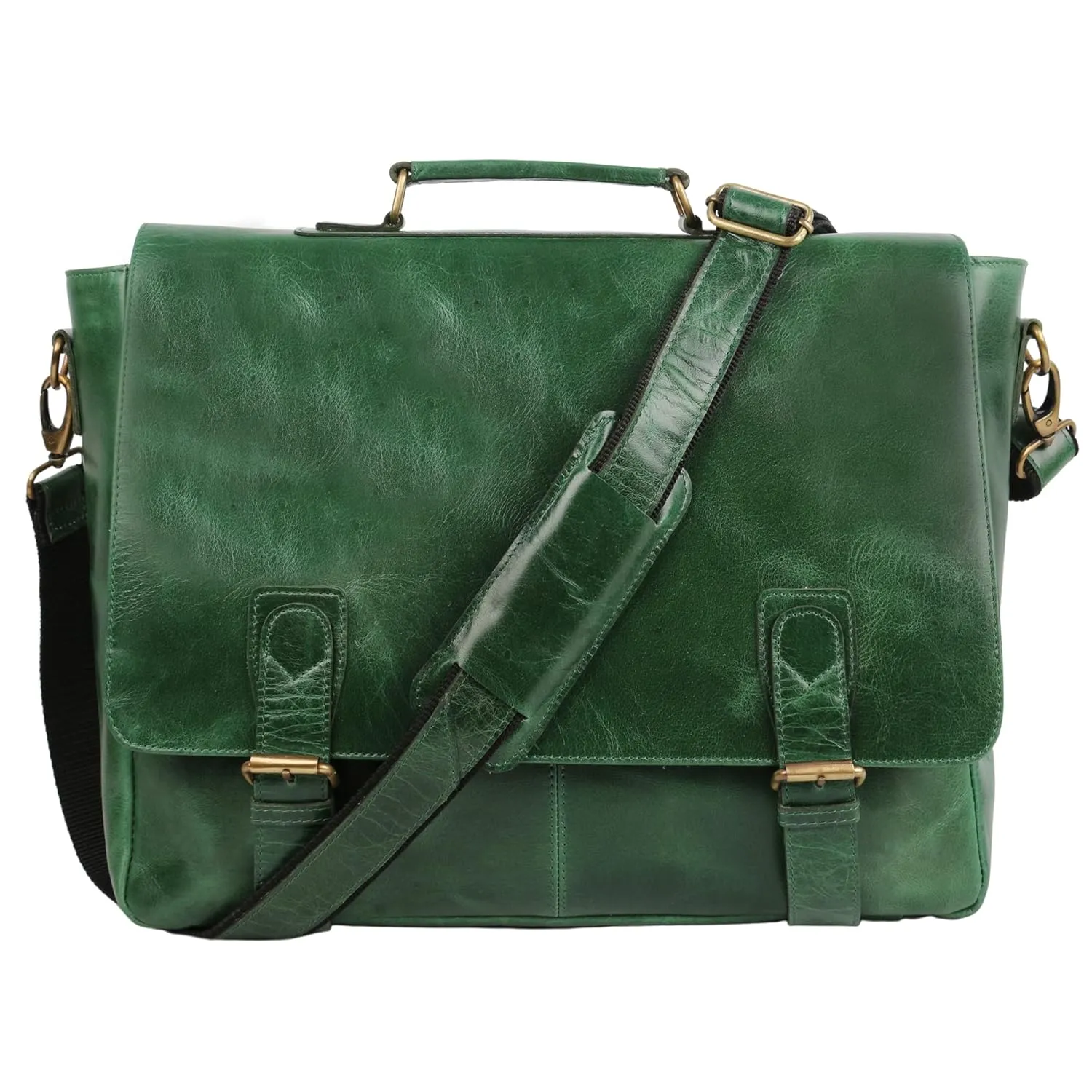 Green Leather Laptop Messenger Bag Briefcase (X-Large 18 inch, Green)